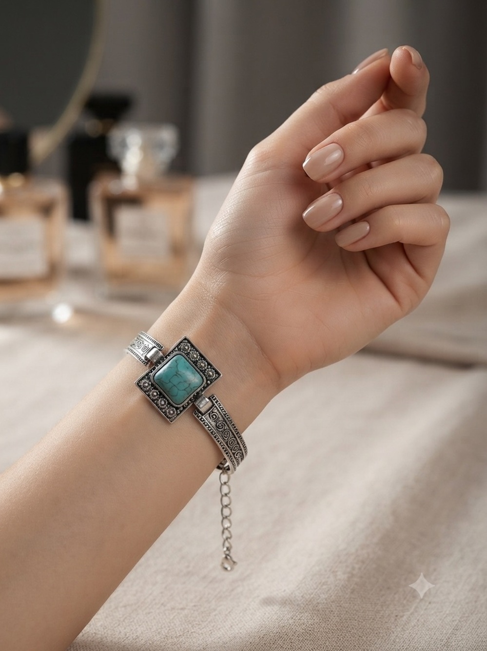 Silver-Tone Turquoise Square Stone Bracelet - Women Jewelry